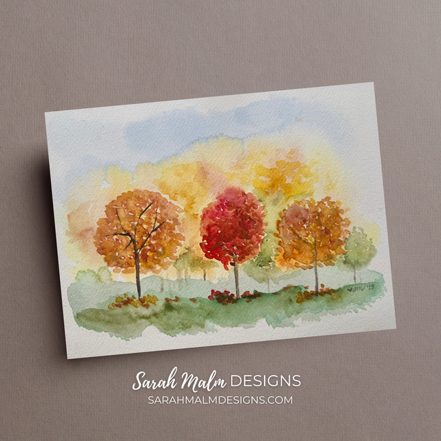 Fall Watercolor Tree Landscape Blank Greeting Card: hand painted